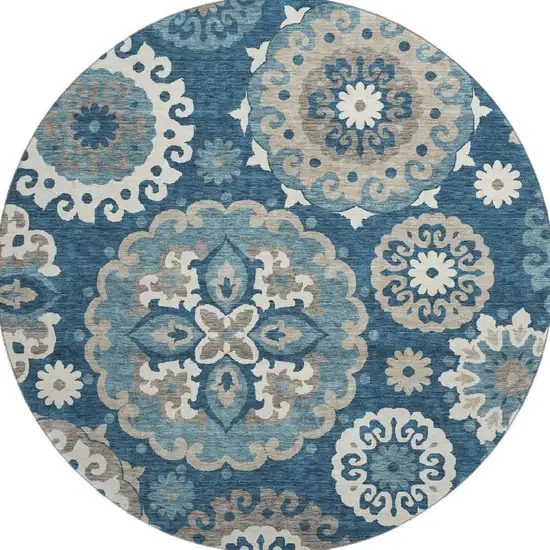 8' Blue Ivory And Beige Medallion Washable Round Rug With UV Protection Photo 4