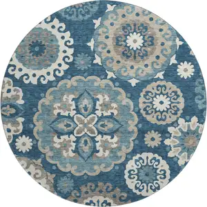 Photo of 8' Blue Ivory And Beige Medallion Washable Round Rug With UV Protection