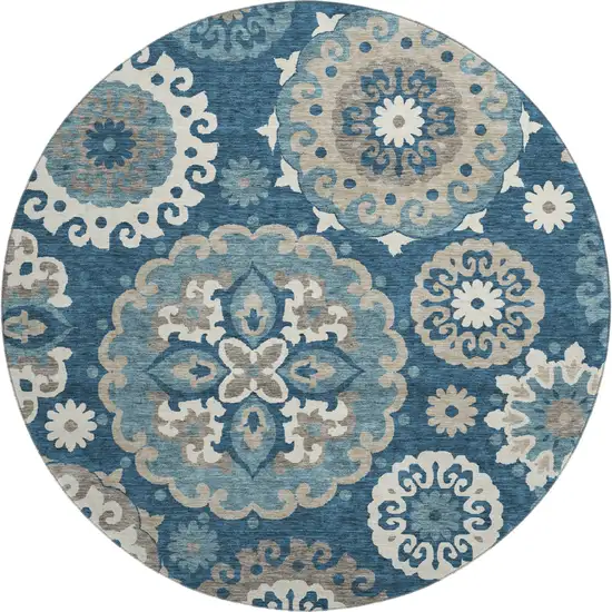 8' Blue Ivory And Beige Medallion Washable Round Rug With UV Protection Photo 1