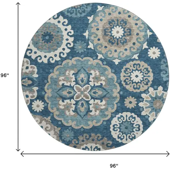 8' Blue Ivory And Beige Medallion Washable Round Rug With UV Protection Photo 3
