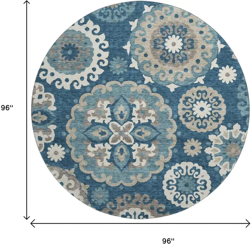 8' Blue Ivory And Beige Medallion Washable Round Rug With UV Protection Photo 3