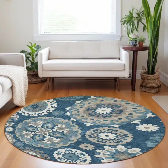 8' Blue Ivory And Beige Medallion Washable Round Rug With UV Protection Photo 5