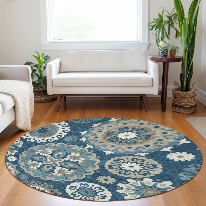 8' Blue Ivory And Beige Medallion Washable Round Rug With UV Protection Photo 5