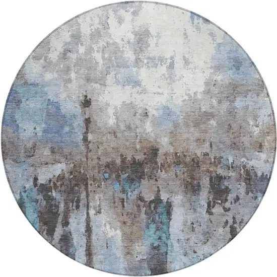 8' Blue Ivory And Beige Round Abstract Washable Indoor Outdoor Area Rug Photo 2