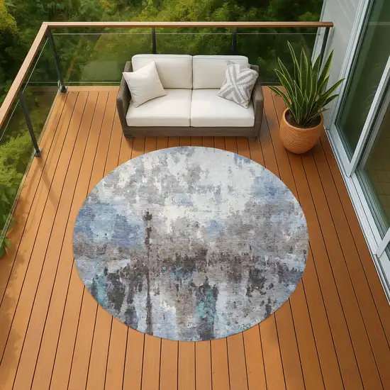 8' Blue Ivory And Beige Round Abstract Washable Indoor Outdoor Area Rug Photo 8