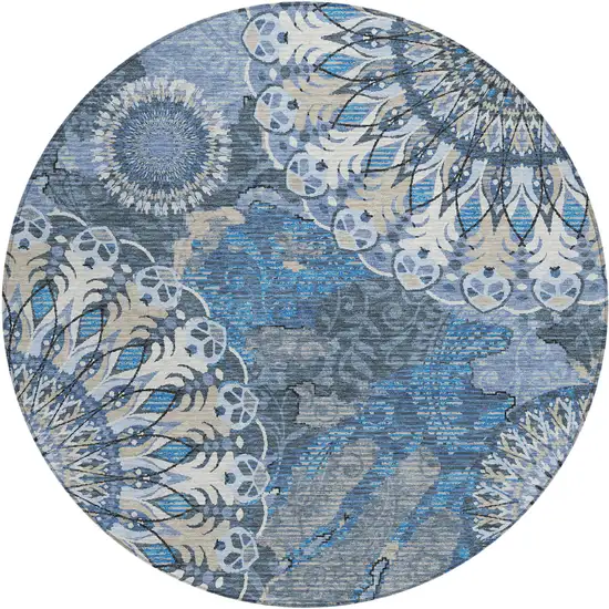 8' Blue Ivory And Beige Round Paisley Washable Indoor Outdoor Area Rug Photo 2