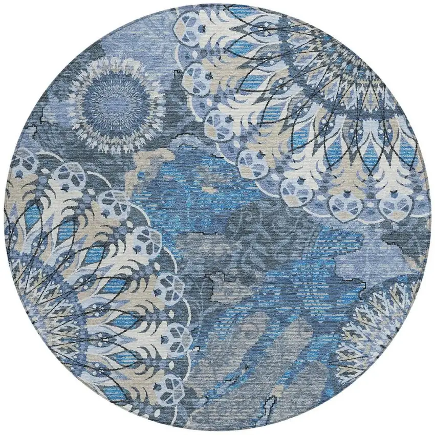 8' Blue Ivory And Beige Round Paisley Washable Indoor Outdoor Area Rug Photo 4