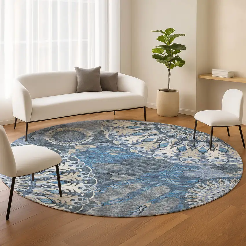 8' Blue Ivory And Beige Round Paisley Washable Indoor Outdoor Area Rug Photo 9