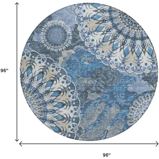 8' Blue Ivory And Beige Round Paisley Washable Indoor Outdoor Area Rug Photo 3