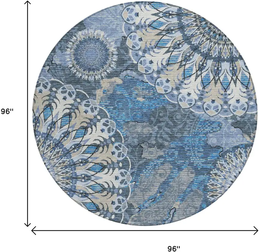 8' Blue Ivory And Beige Round Paisley Washable Indoor Outdoor Area Rug Photo 3