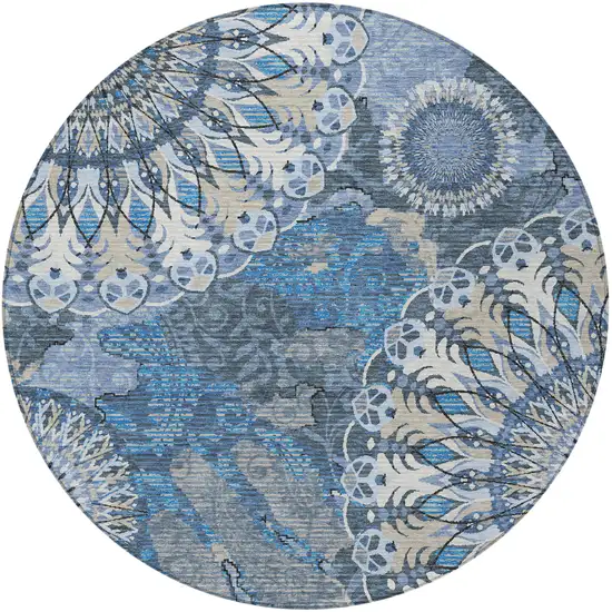 8' Blue Ivory And Beige Round Paisley Washable Indoor Outdoor Area Rug Photo 5