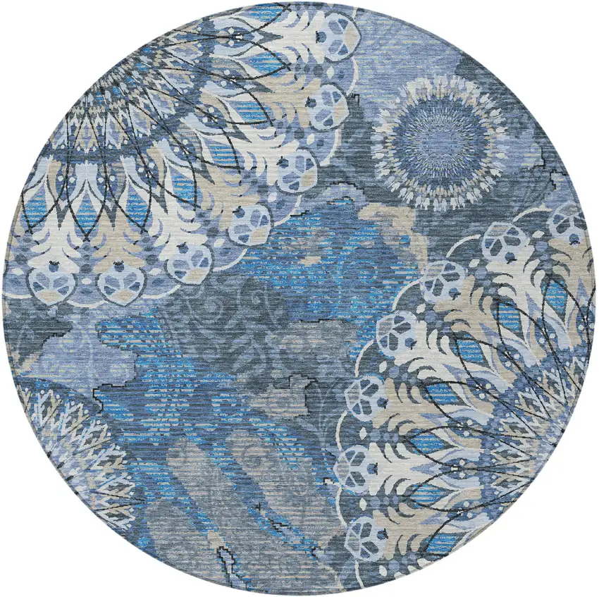 8' Blue Ivory And Beige Round Paisley Washable Indoor Outdoor Area Rug Photo 5