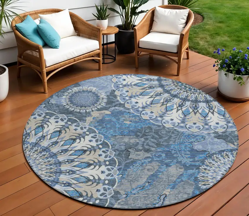 8' Blue Ivory And Beige Round Paisley Washable Indoor Outdoor Area Rug Photo 1