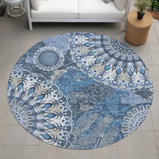 8' Blue Ivory And Beige Round Paisley Washable Indoor Outdoor Area Rug Photo 9
