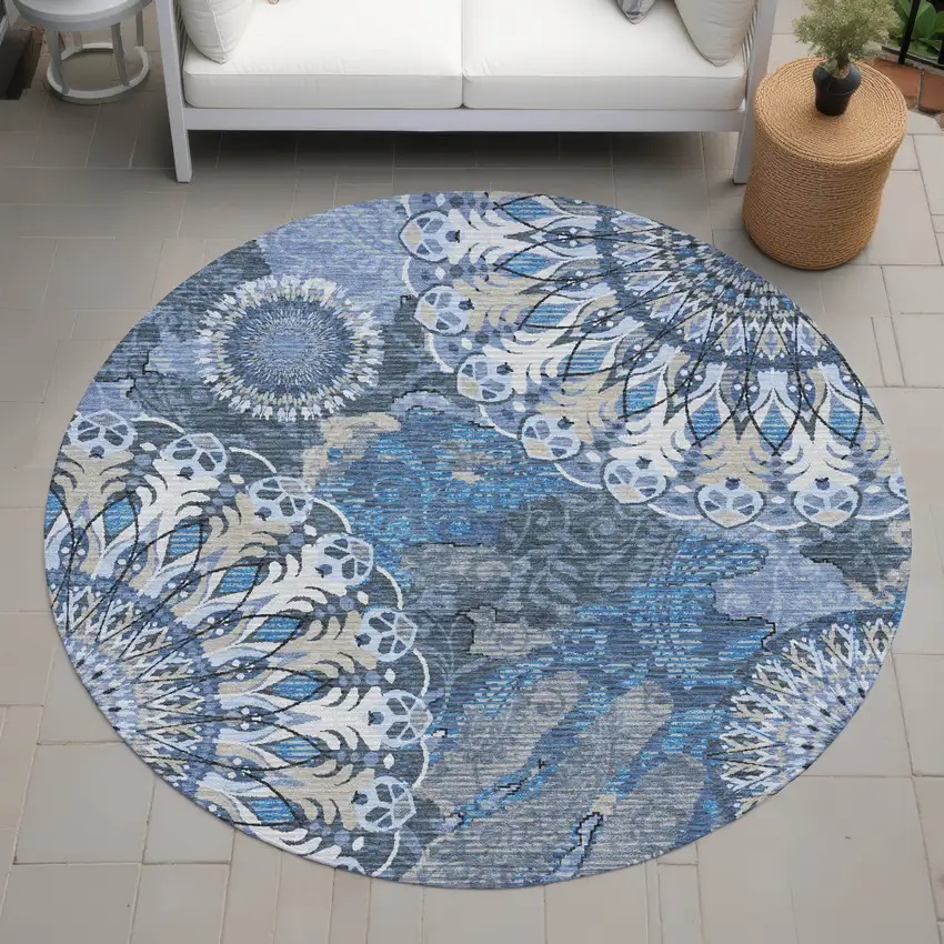 8' Blue Ivory And Beige Round Paisley Washable Indoor Outdoor Area Rug Photo 9