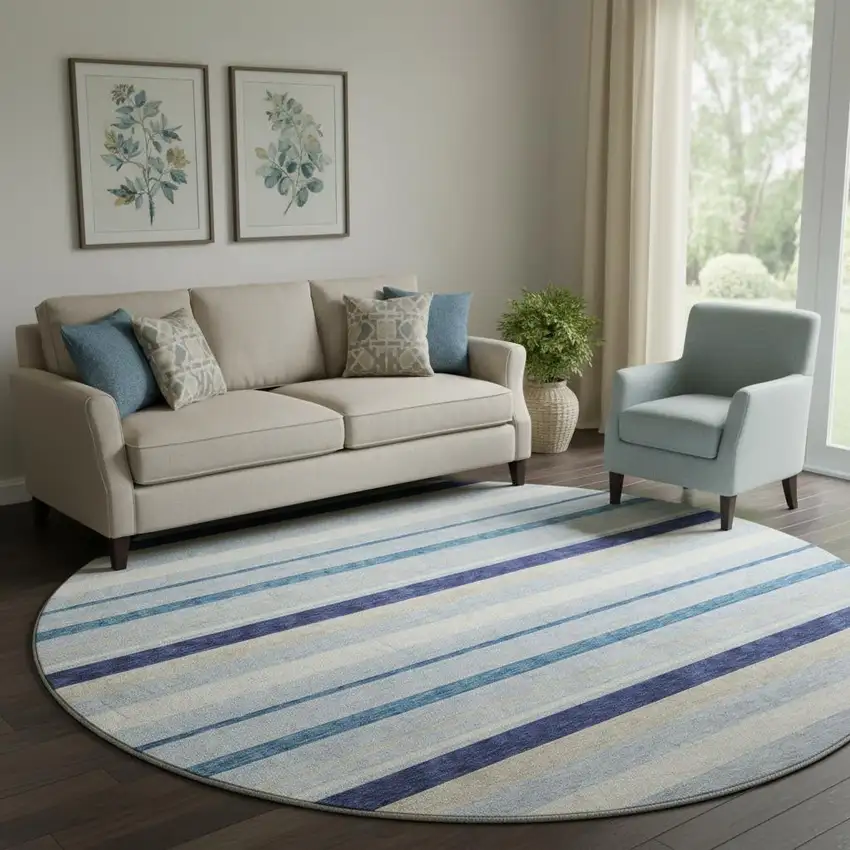 8' Blue Ivory And Beige Striped Washable Round Rug With UV Protection Photo 1