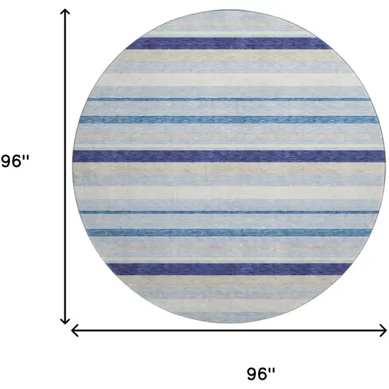 8' Blue Ivory And Beige Striped Washable Round Rug With UV Protection Photo 8