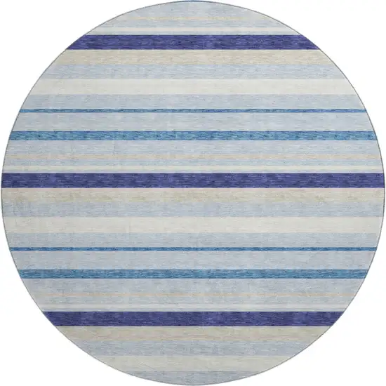 8' Blue Ivory And Beige Striped Washable Round Rug With UV Protection Photo 5