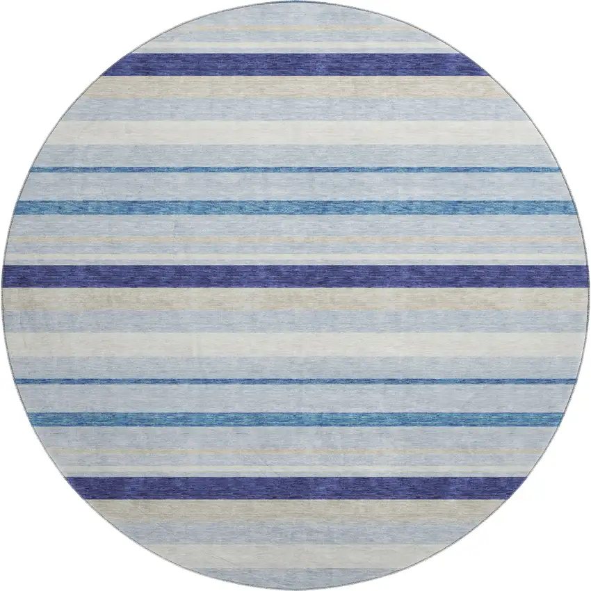8' Blue Ivory And Beige Striped Washable Round Rug With UV Protection Photo 5
