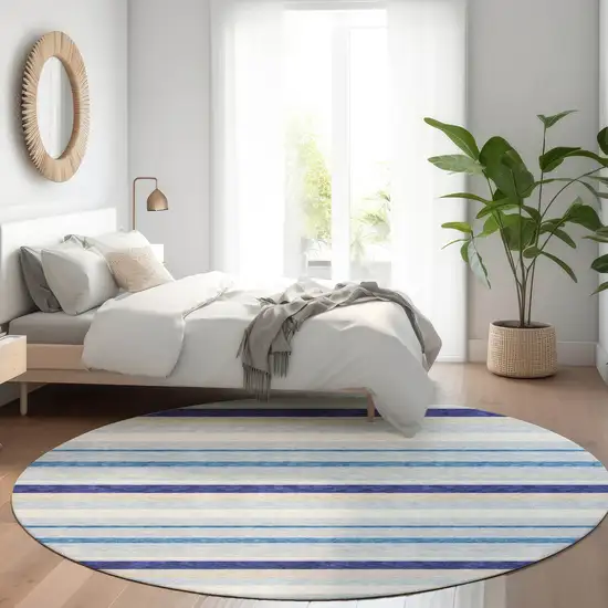 8' Blue Ivory And Beige Striped Washable Round Rug With UV Protection Photo 4