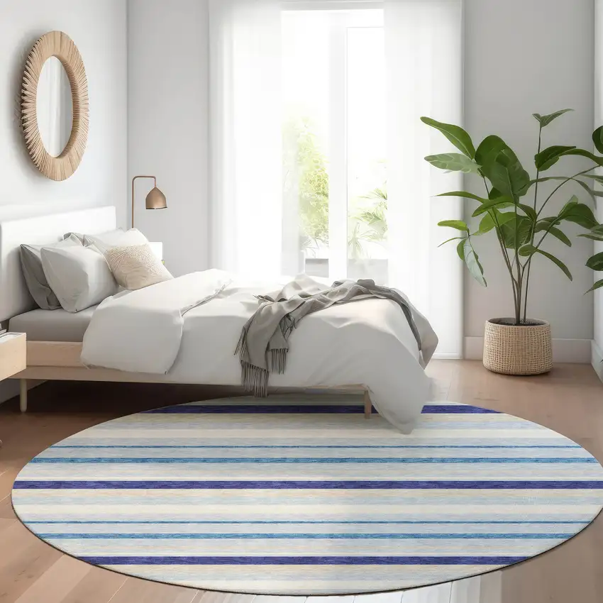 8' Blue Ivory And Beige Striped Washable Round Rug With UV Protection Photo 4