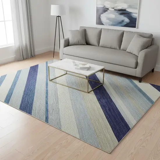 8' Blue Ivory And Beige Striped Washable Round Rug With UV Protection Photo 2