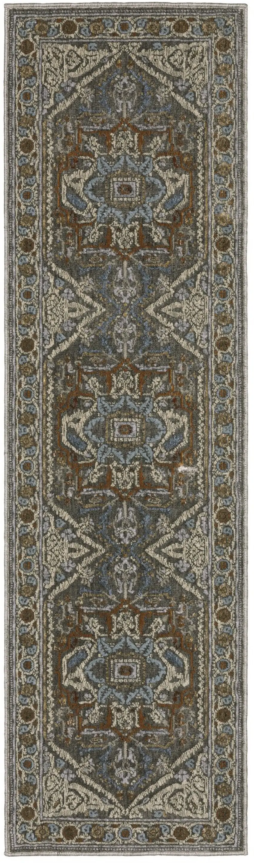 8' Blue Ivory And Brown Medallion Runner Rug Photo 4