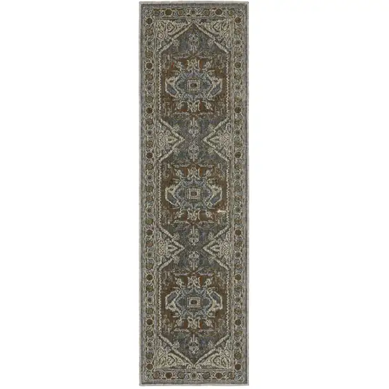 8' Blue Ivory And Brown Medallion Runner Rug Photo 4