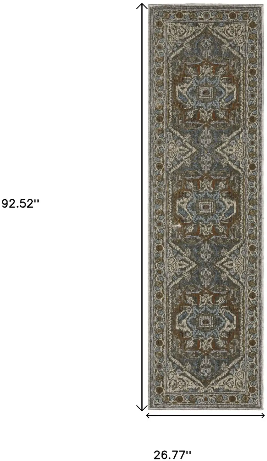 8' Blue Ivory And Brown Medallion Runner Rug Photo 3