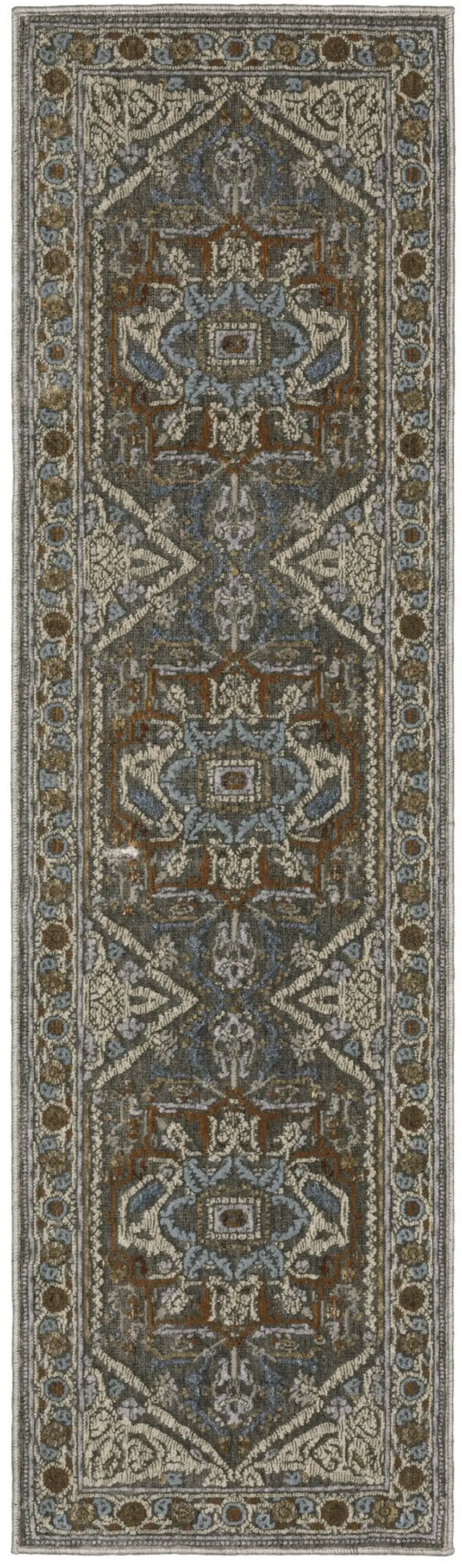 8' Blue Ivory And Brown Medallion Runner Rug Photo 2