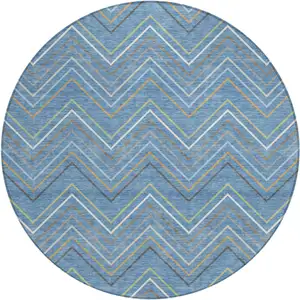 Photo of 8' Blue Ivory And Brown Round Striped Washable Indoor Outdoor Area Rug