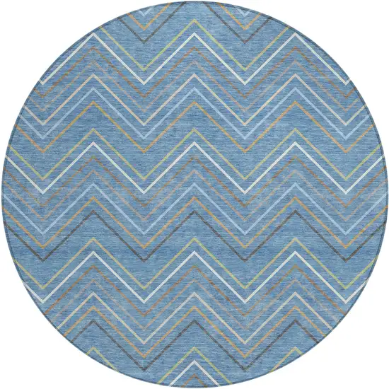 8' Blue Ivory And Brown Round Striped Washable Indoor Outdoor Area Rug Photo 1