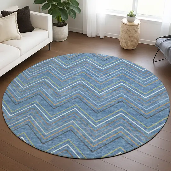 8' Blue Ivory And Brown Round Striped Washable Indoor Outdoor Area Rug Photo 5