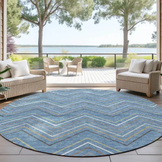 8' Blue Ivory And Brown Round Striped Washable Indoor Outdoor Area Rug Photo 4