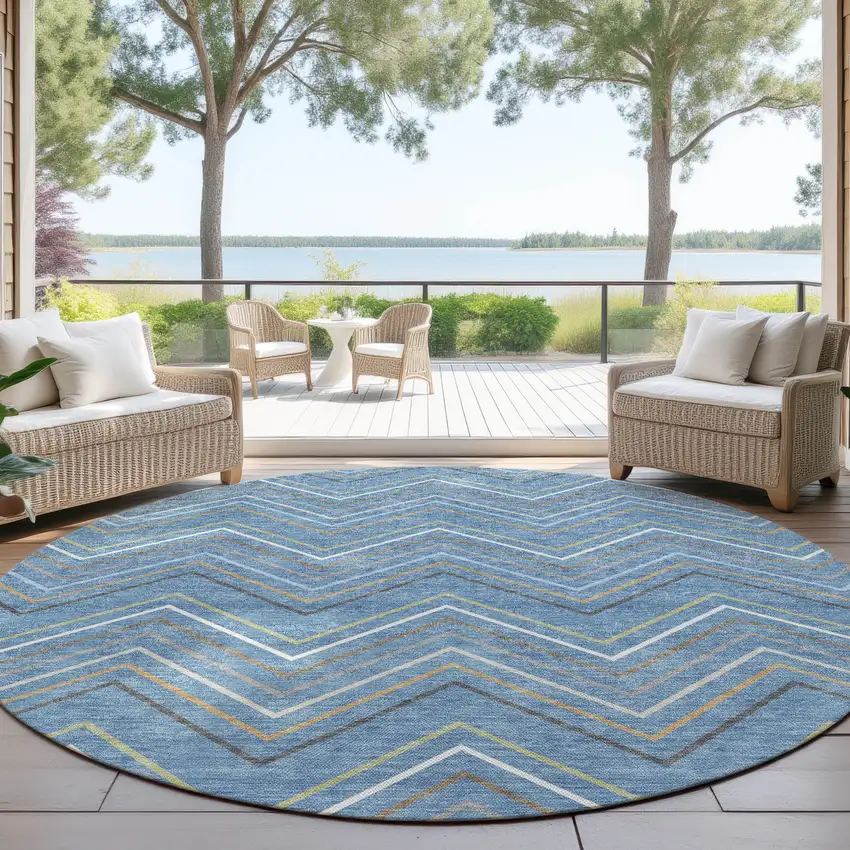 8' Blue Ivory And Brown Round Striped Washable Indoor Outdoor Area Rug Photo 4