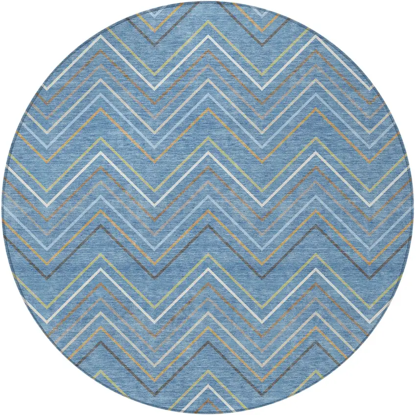 8' Blue Ivory And Brown Round Striped Washable Indoor Outdoor Area Rug Photo 3