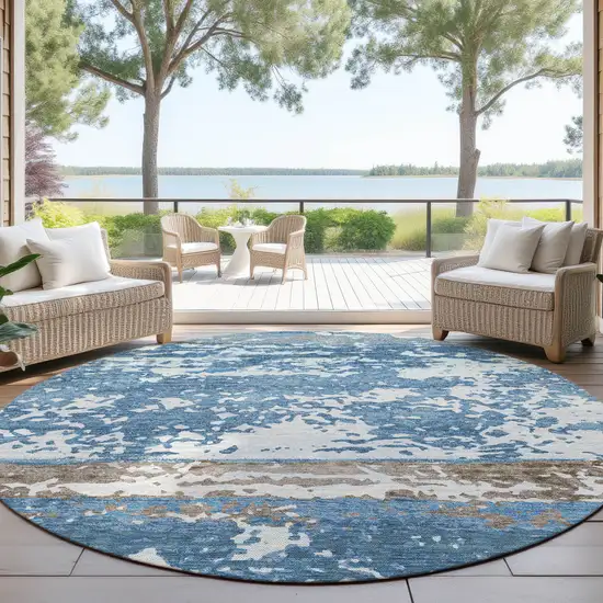 8' Blue Ivory And Brown Round Striped Washable Indoor Outdoor Area Rug Photo 4