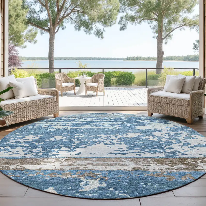 8' Blue Ivory And Brown Round Striped Washable Indoor Outdoor Area Rug Photo 4