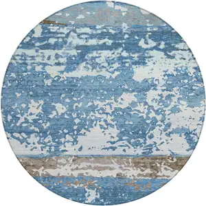 Photo of 8' Blue Ivory And Brown Round Striped Washable Indoor Outdoor Area Rug