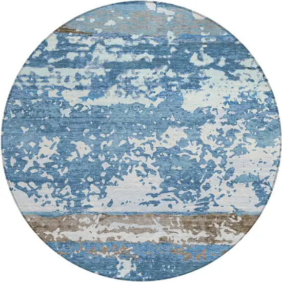 8' Blue Ivory And Brown Round Striped Washable Indoor Outdoor Area Rug Photo 1