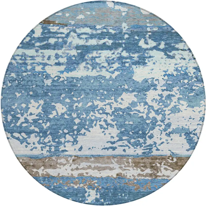 8' Blue Ivory And Brown Round Striped Washable Indoor Outdoor Area Rug Photo 1