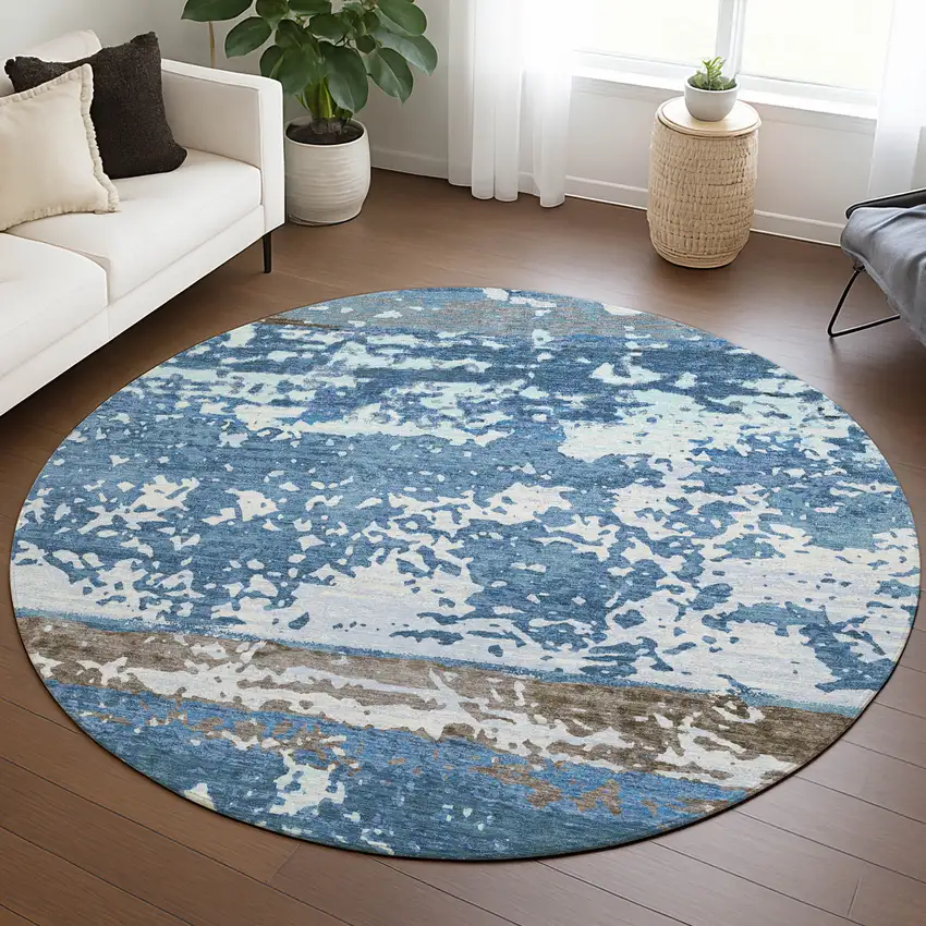 8' Blue Ivory And Brown Round Striped Washable Indoor Outdoor Area Rug Photo 5