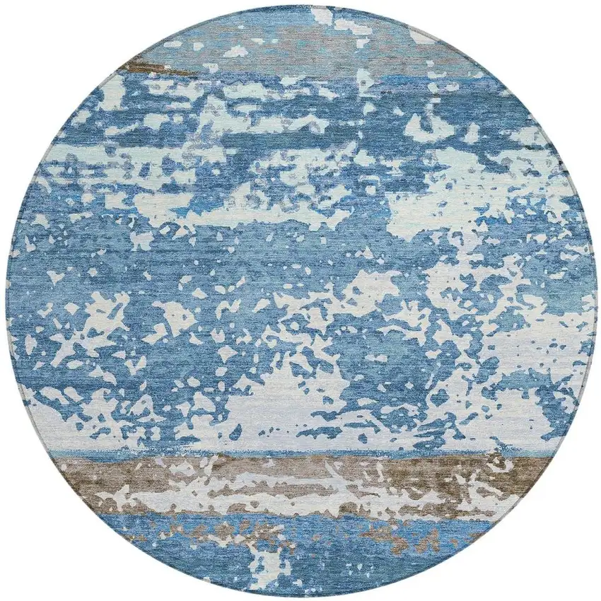 8' Blue Ivory And Brown Round Striped Washable Indoor Outdoor Area Rug Photo 3