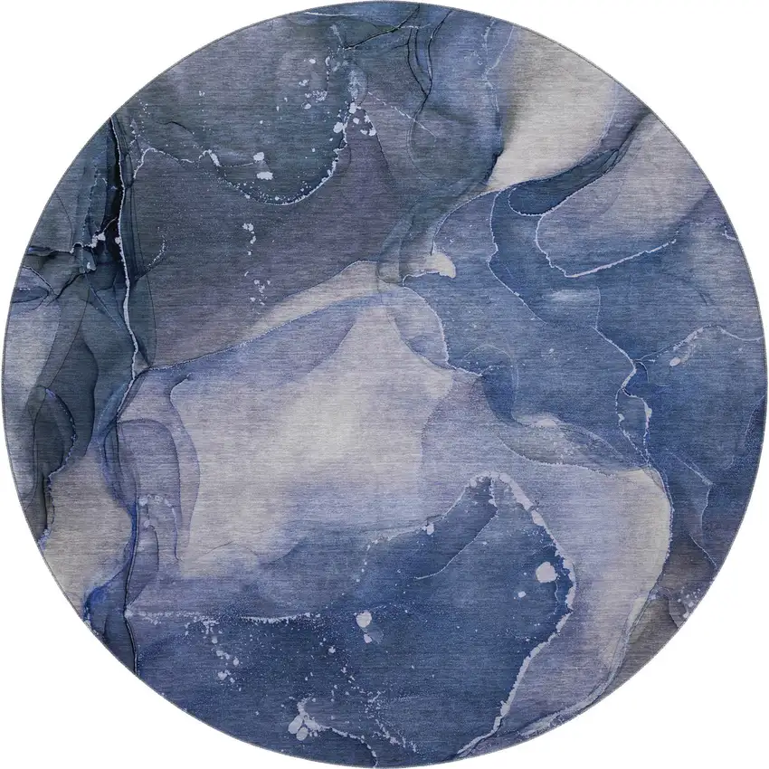 8' Blue Ivory And Charcoal Abstract Washable Round Rug With UV Protection Photo 4