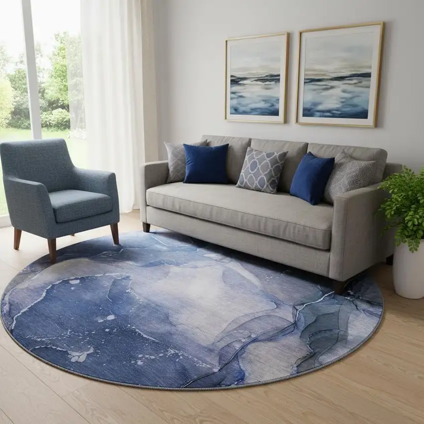 8' Blue Ivory And Charcoal Abstract Washable Round Rug With UV Protection Photo 1