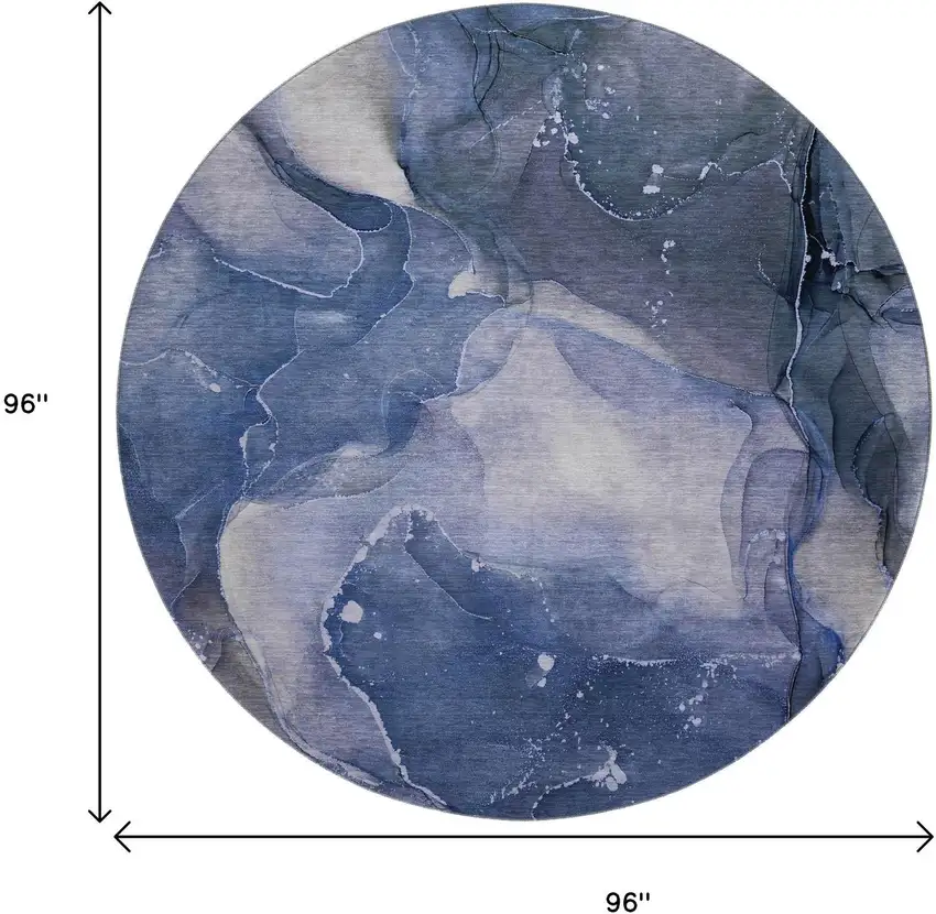 8' Blue Ivory And Charcoal Abstract Washable Round Rug With UV Protection Photo 3