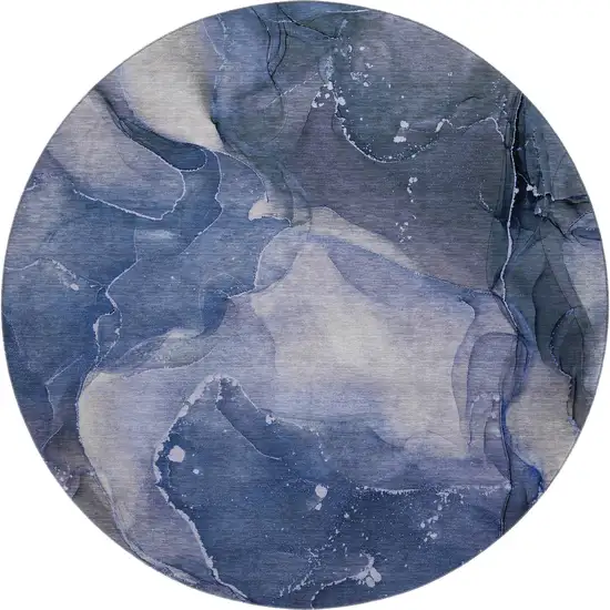 8' Blue Ivory And Charcoal Abstract Washable Round Rug With UV Protection Photo 1