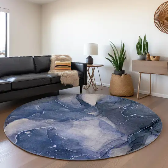 8' Blue Ivory And Charcoal Abstract Washable Round Rug With UV Protection Photo 5