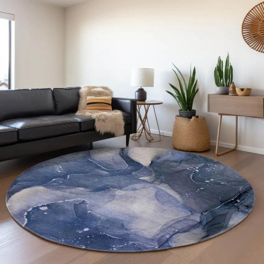 8' Blue Ivory And Charcoal Abstract Washable Round Rug With UV Protection Photo 5