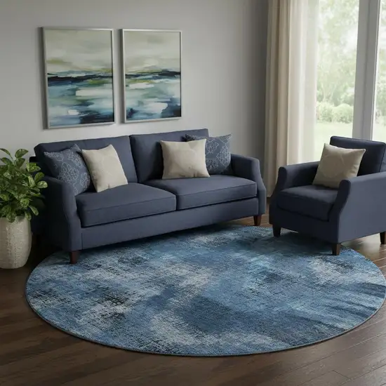 8' Blue Ivory And Charcoal Abstract Washable Round Rug With UV Protection Photo 1